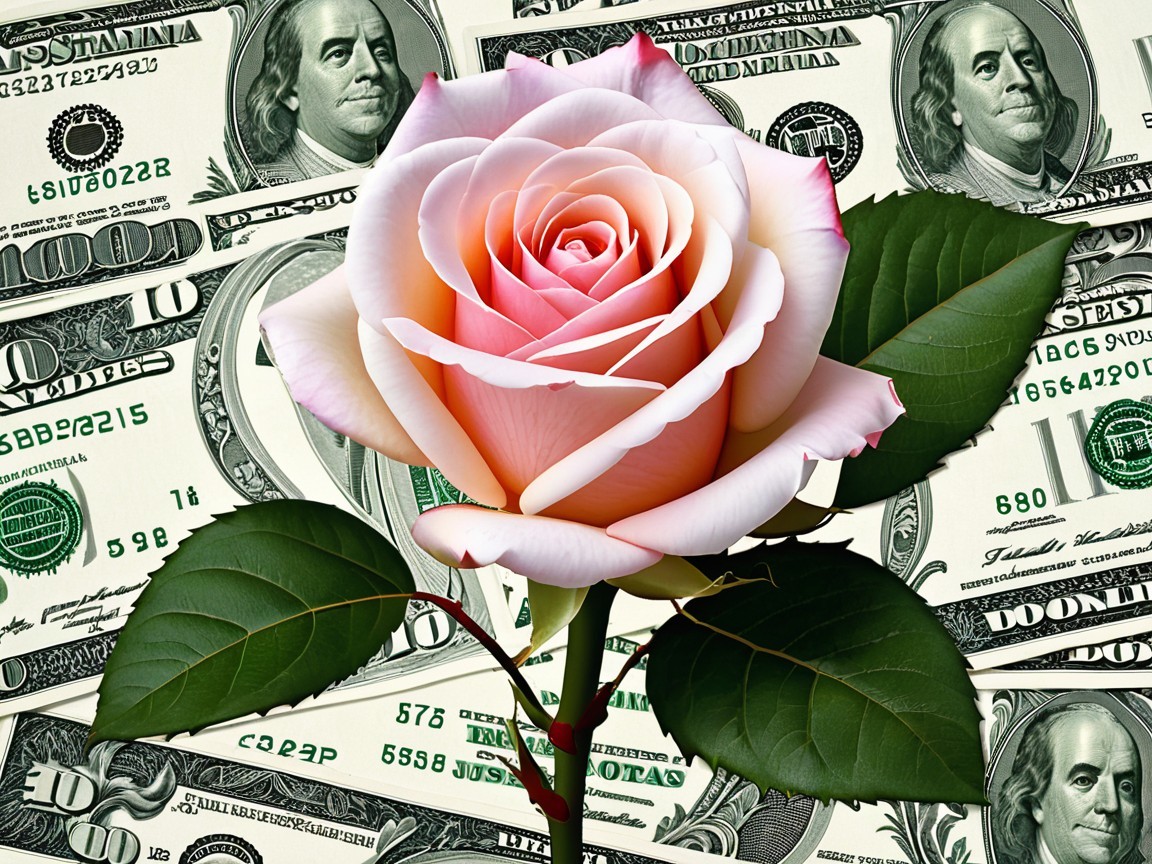 Pink and White Rose with Green Dollar Bills Background