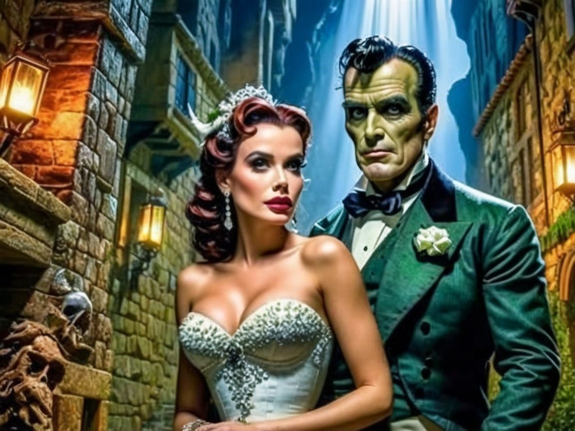 Glamorous Woman and Monstrous Man in Gothic Setting