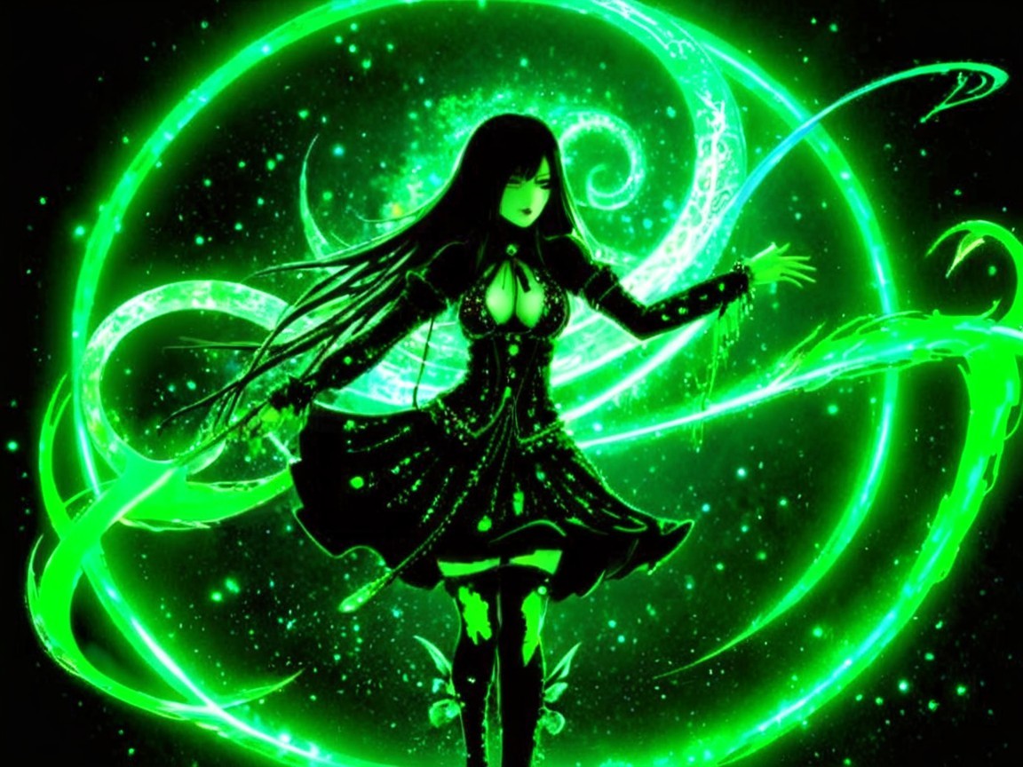 Mystical Figure in Green Light with Intricate Dress