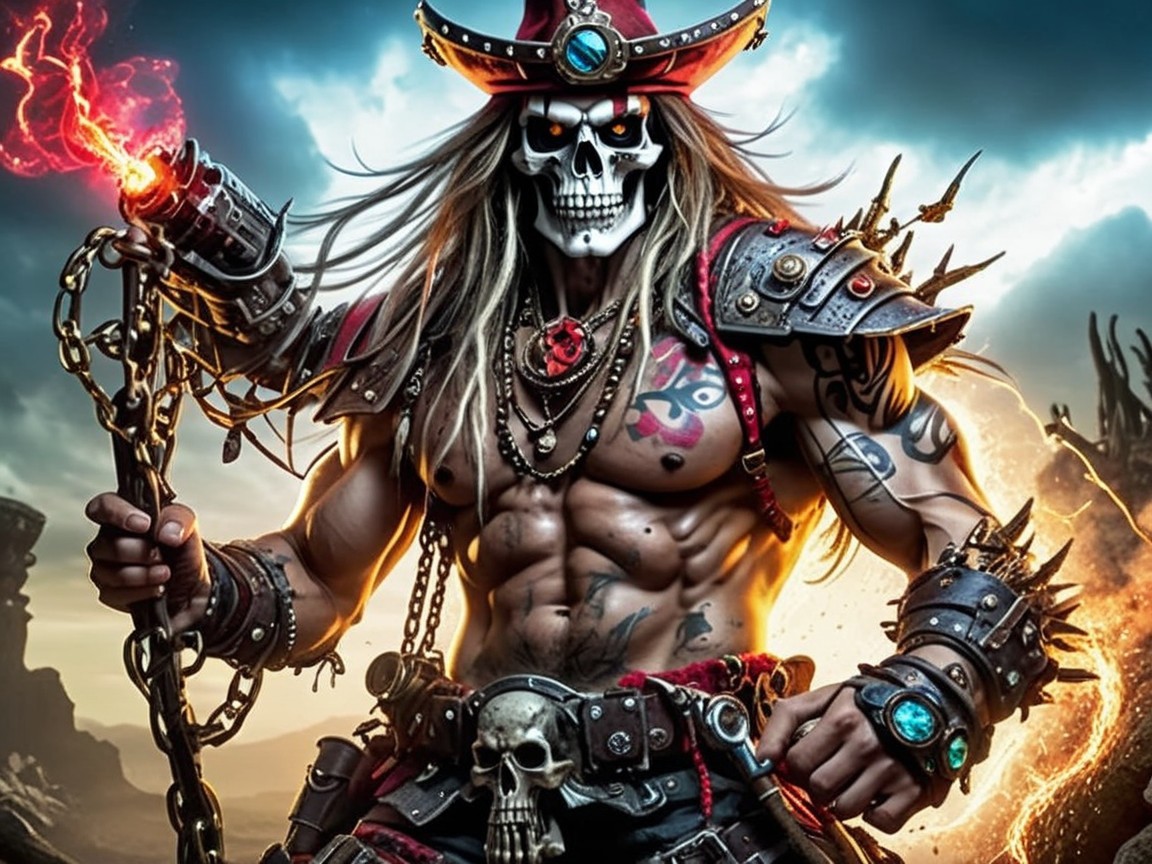 Powerful Pirate Warrior in Elaborate Armor and Stormy Scene
