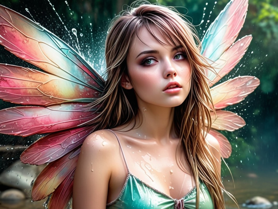 Mystical fairy with iridescent wings in a forest
