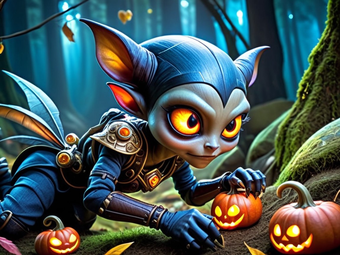 Charming Creature Inspects Pumpkins in Autumn Forest