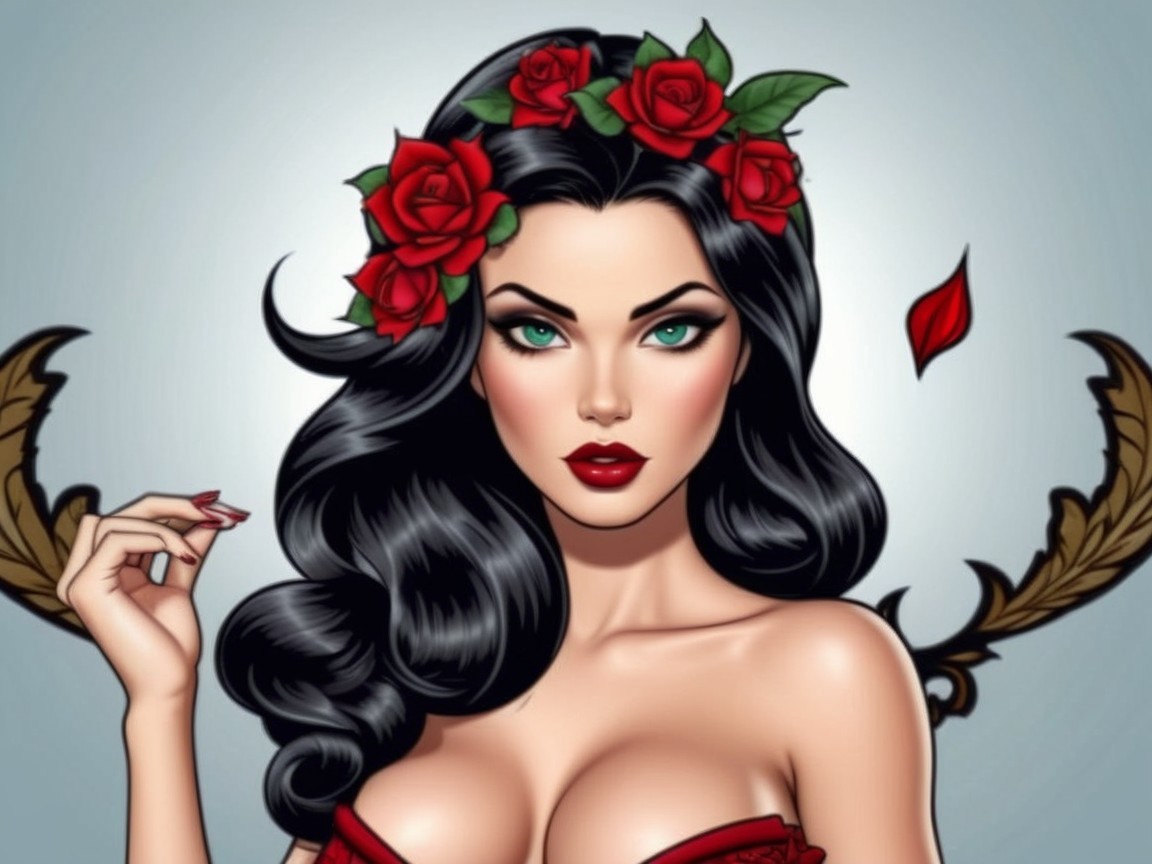 Glamorous Woman in Red Outfit with Floral Crown