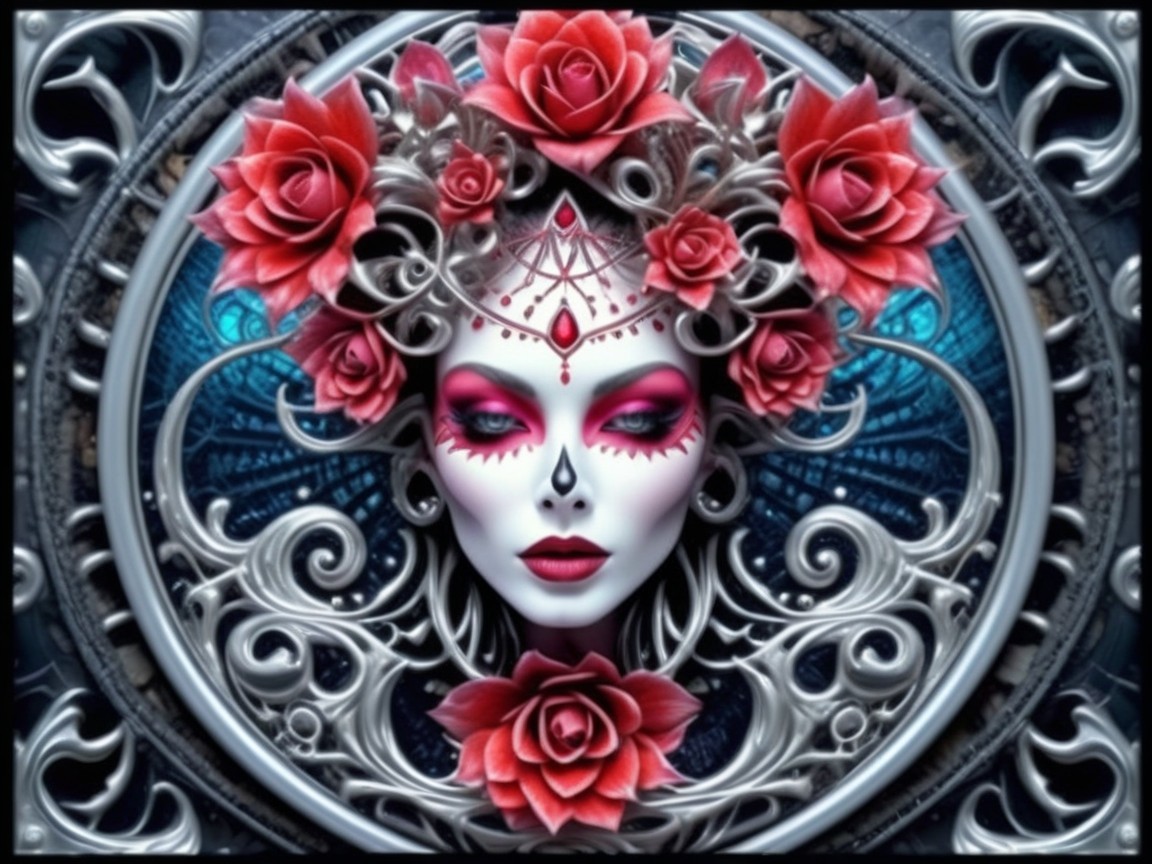 Artistic Portrait of Woman with Roses and Silver Designs