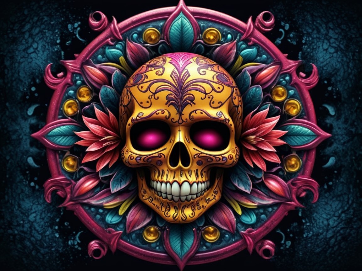 Vibrant Decorative Skull Surrounded by Floral Elements