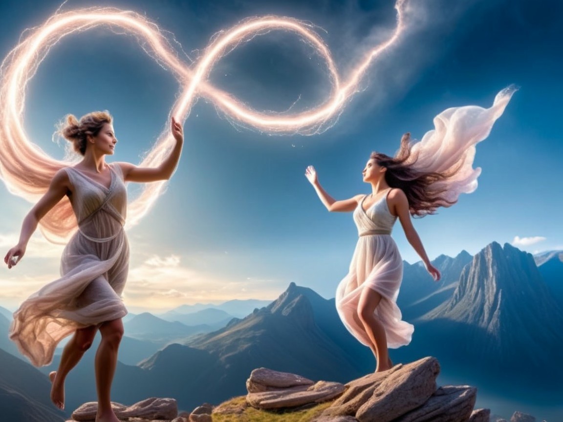 Ethereal Figures Creating Infinity Symbol on Mountain Peak
