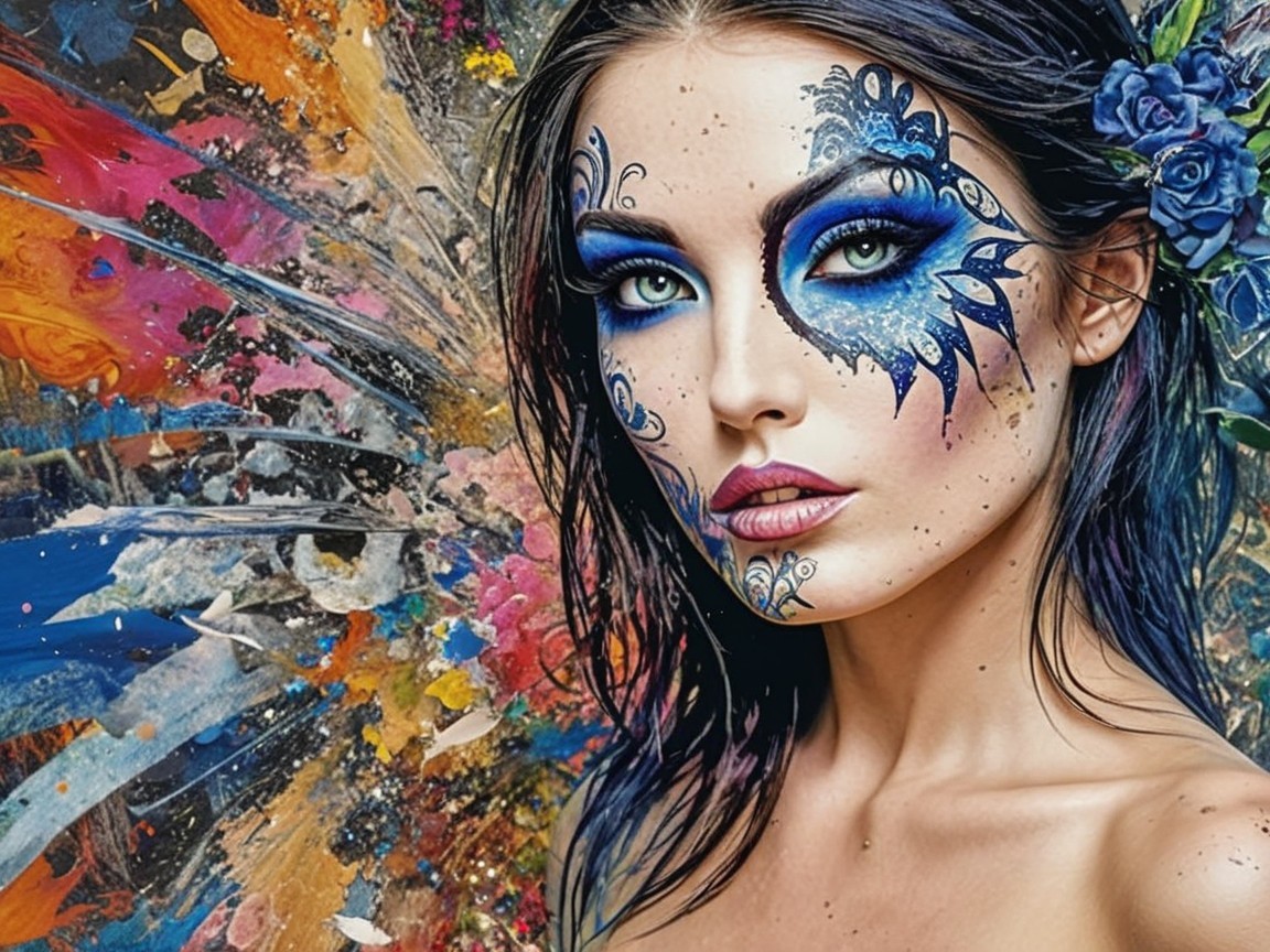 Portrait of a Woman with Vibrant Face Paint and Colors