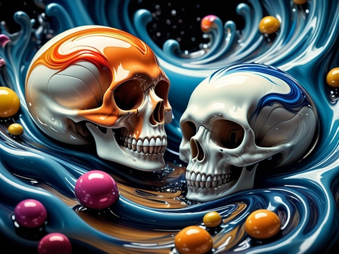 Intricately Designed Skulls in Colorful Liquid Waves