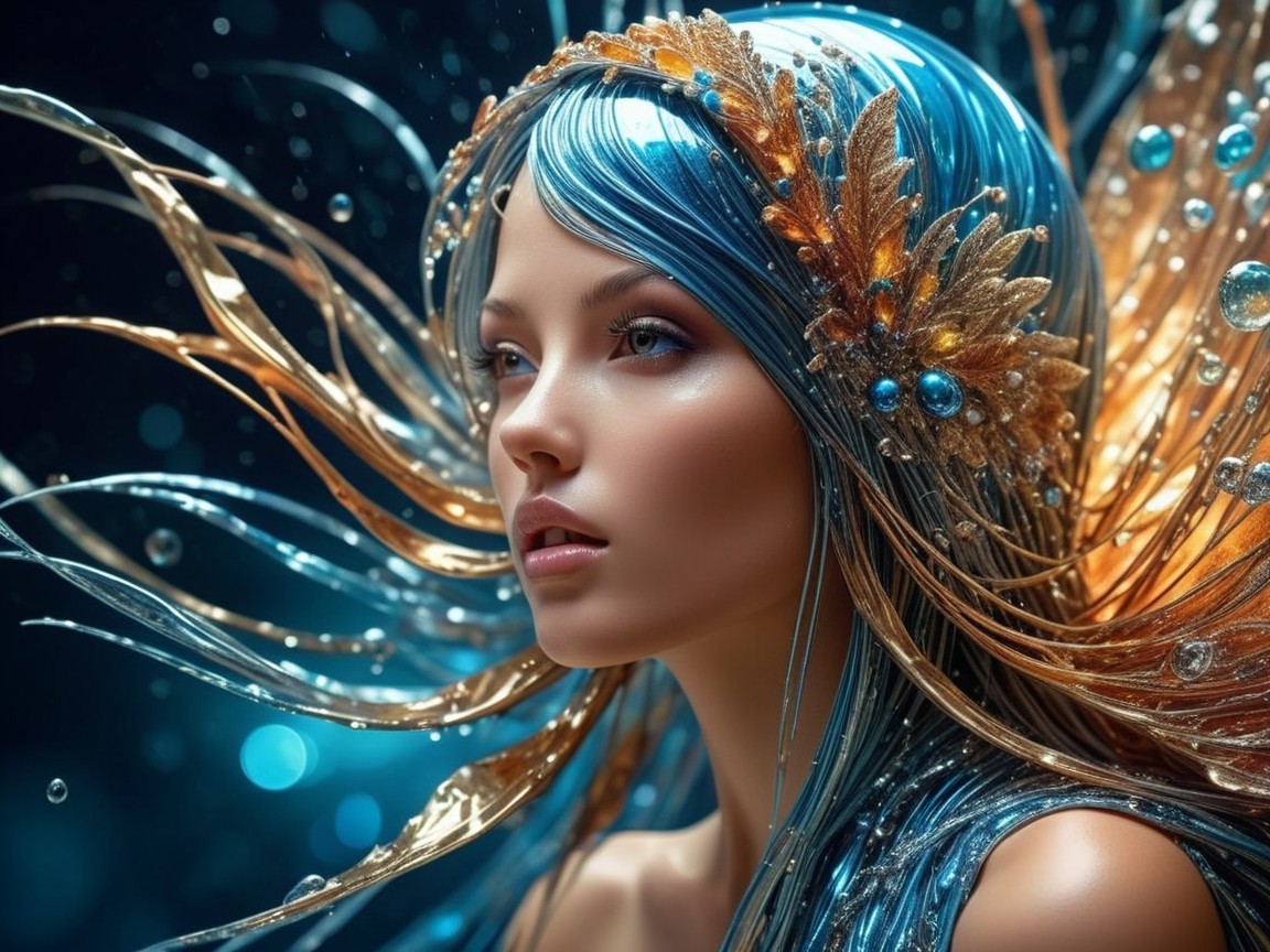 Portrait of a woman with blue and golden flowing hair