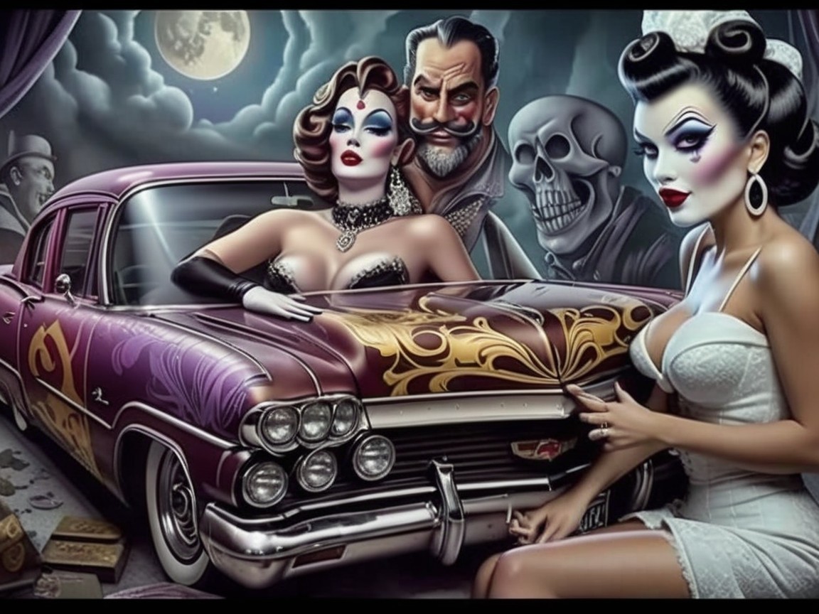 Vintage Scene with Glamorous Women and Classic Car