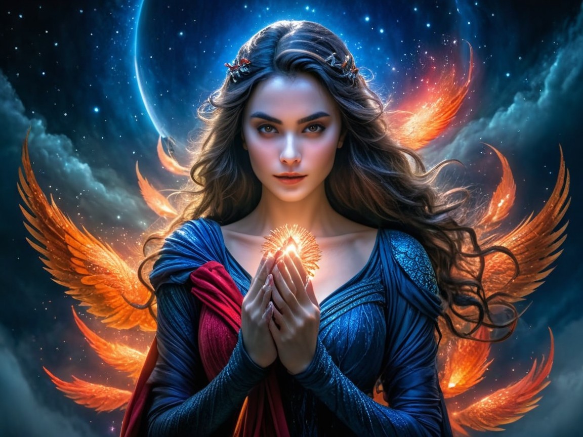 Mystical Figure with Fiery Wings and Radiant Orb