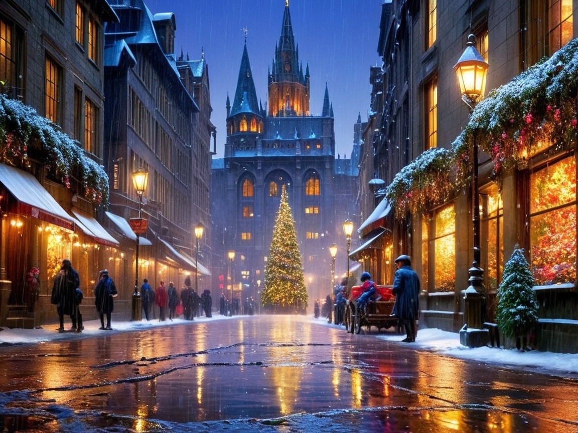 Snowy European Street Scene with Christmas Lights