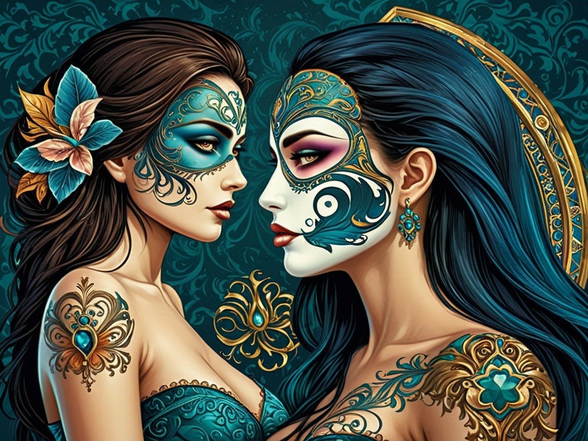 Elegant Women with Intricate Face Paint and Body Art