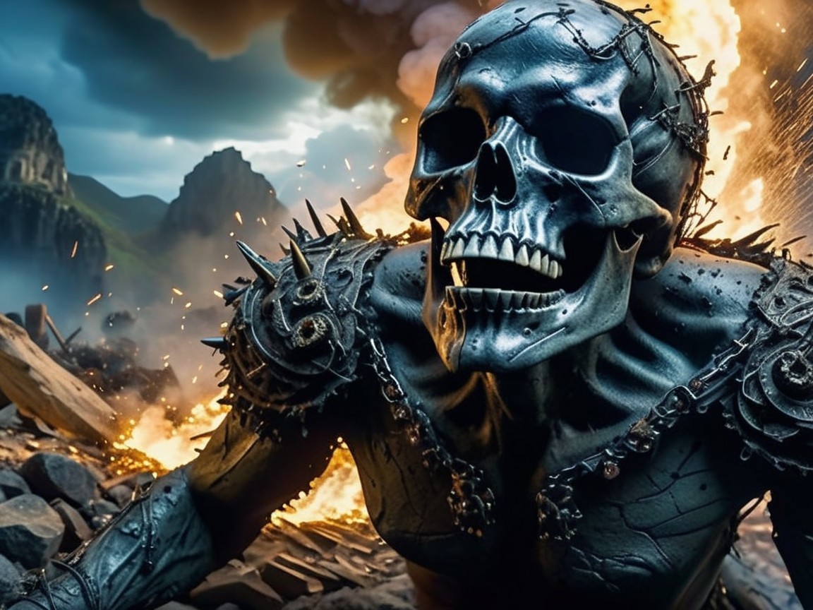 Skeletal Figure in Fiery Explosion with Dark Mountains