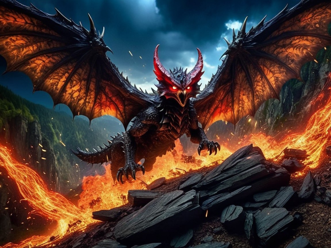 Dragon Emerges from Volcanic Landscape Under Stormy Sky