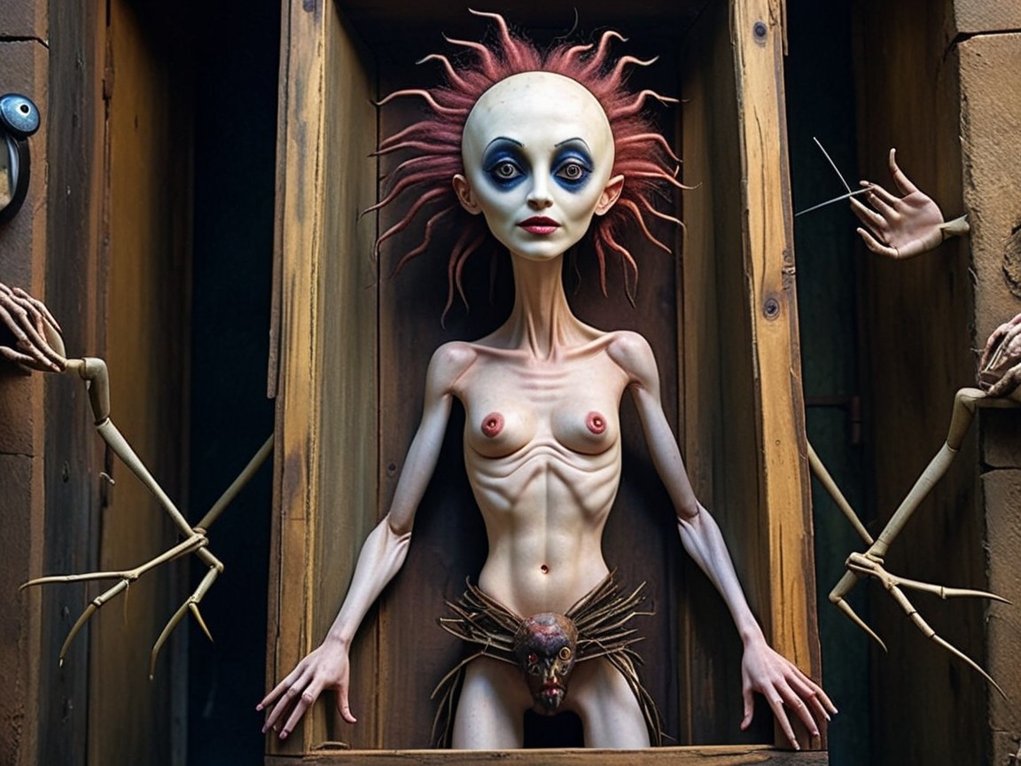 Surreal Grotesque Figure in Wooden Frame Description