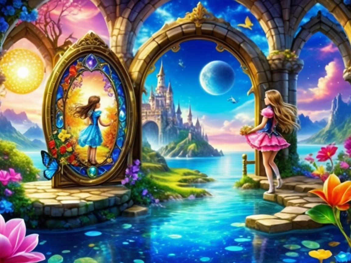 Whimsical Fantasy Scene with Castle and Young Girl