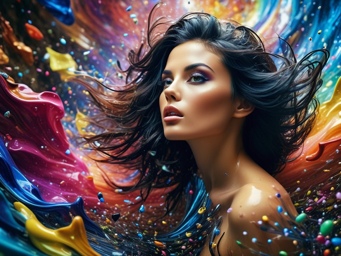 Portrait of a woman amid vibrant swirling colors