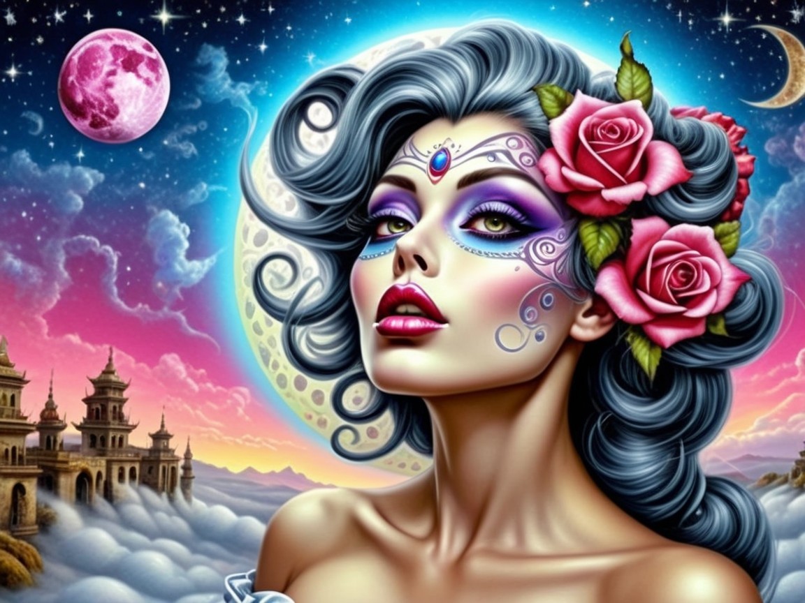 Ethereal Woman with Silver Hair in Cosmic Setting