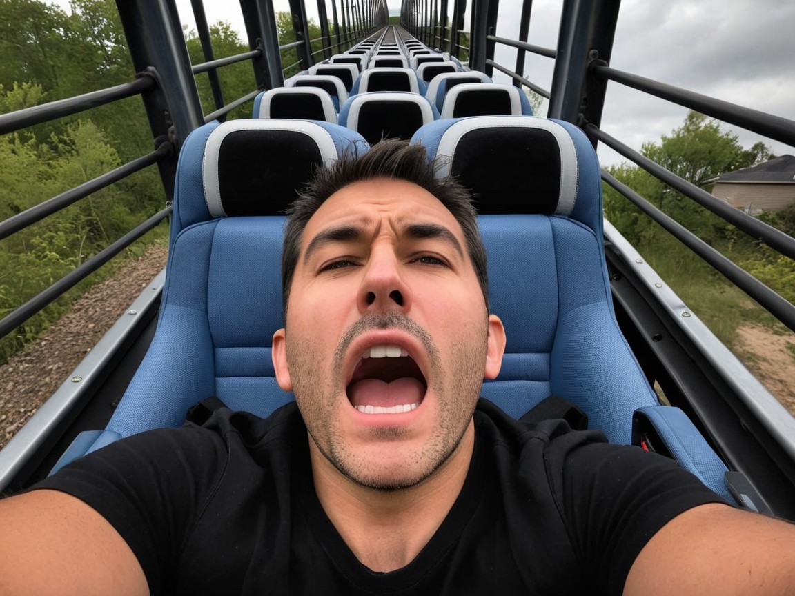 Man on Roller Coaster with Dark Hair and Black Shirt