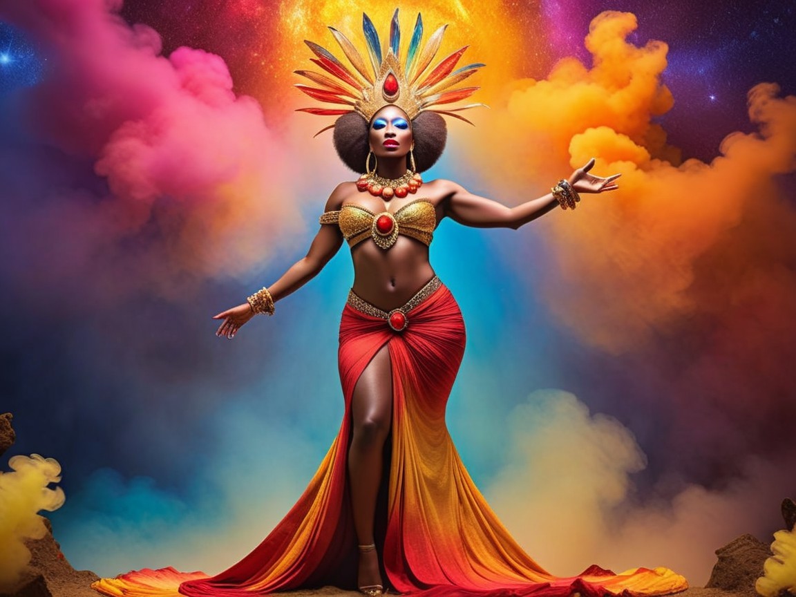 Regal figure in vibrant gown with cosmic background