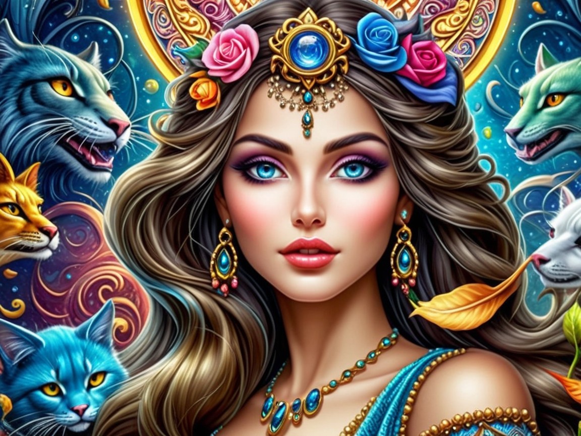 Fantasy Portrait of Woman with Flowers and Cats