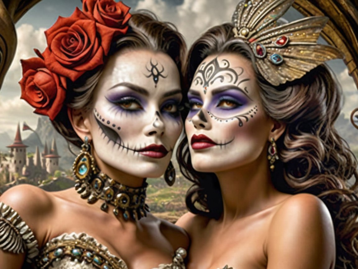 Elegantly Dressed Women with Day of the Dead Makeup