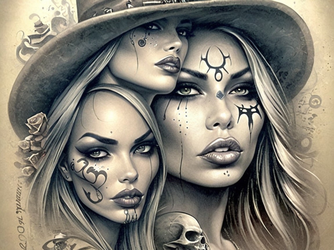 Monochromatic Illustration of Women with Facial Tattoos