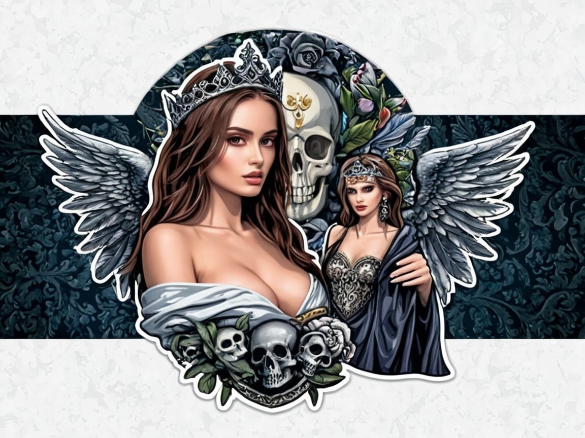 Woman with Wings and Skull in Gothic Design