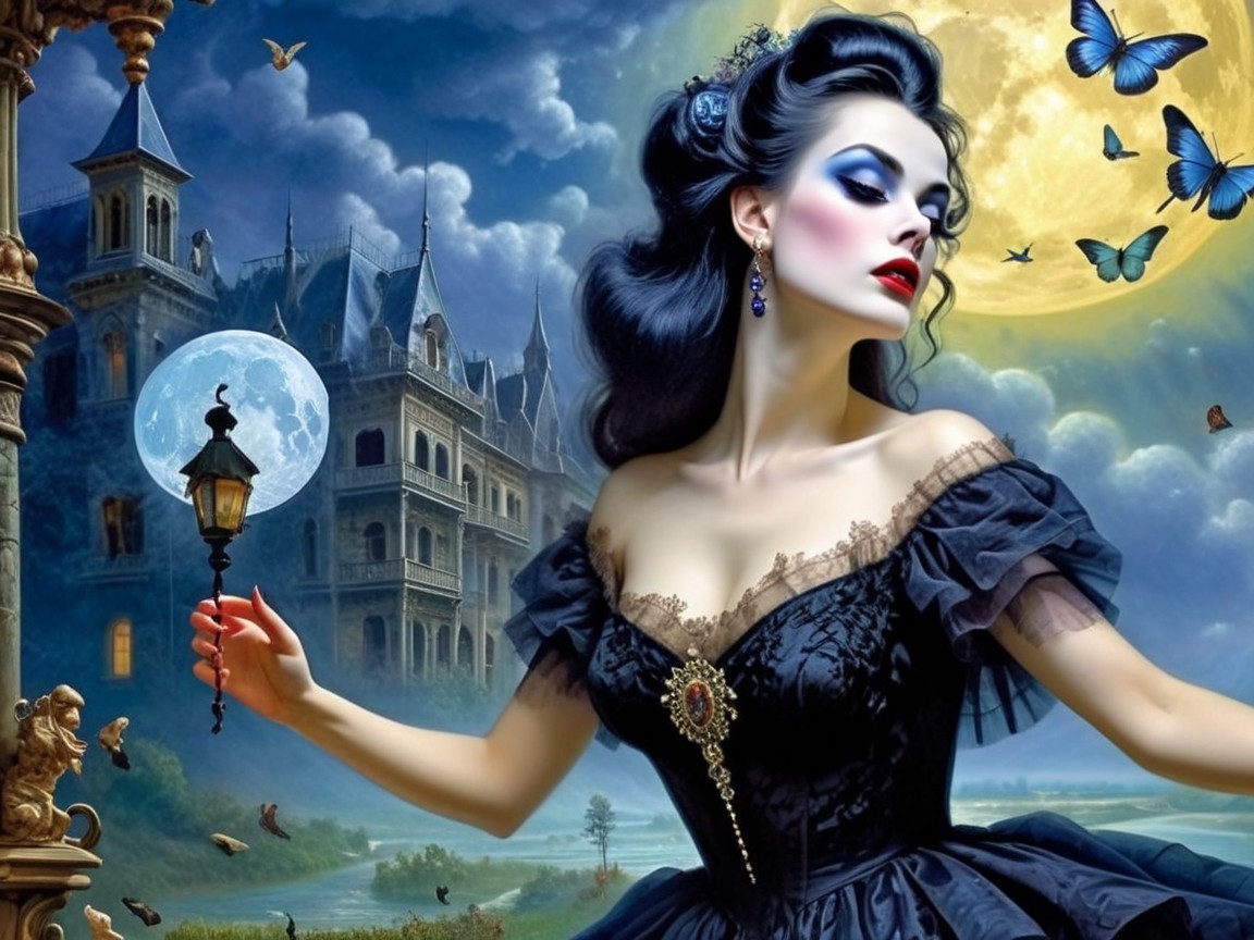 Elegant Woman in Black Gown in Moonlit Landscape