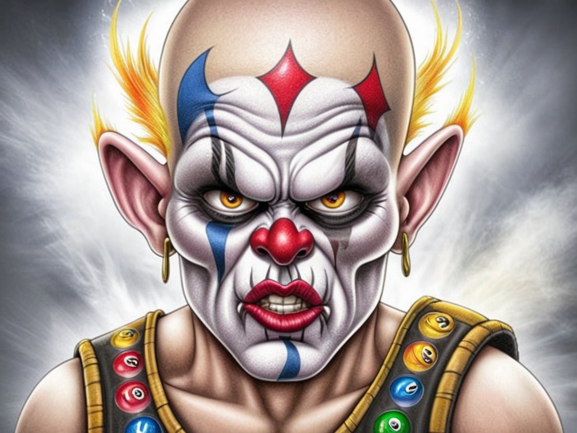 Menacing Clown with Bald Head and Colorful Outfit