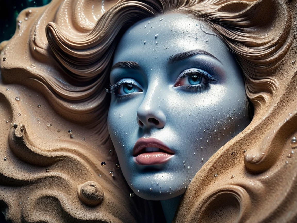 Close-up of a woman's face with textured, wavy hair