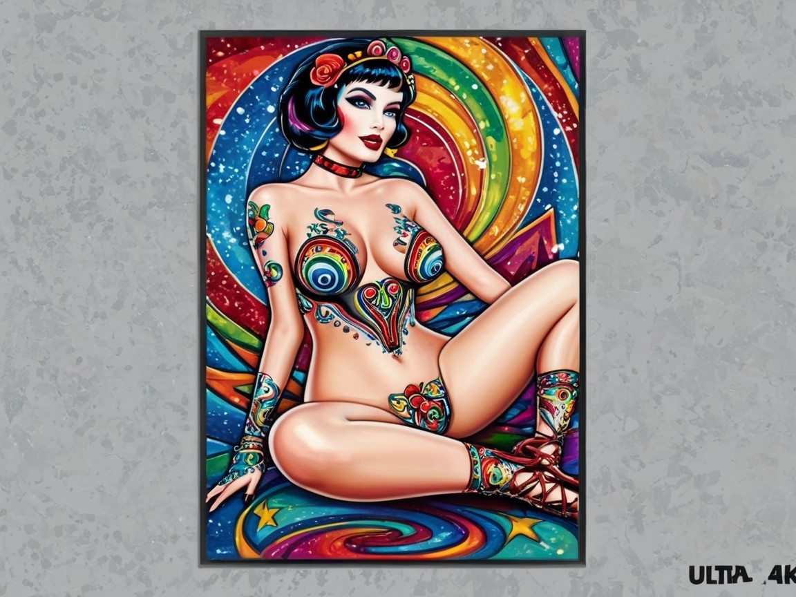 Colorful Artwork of Seated Woman with Tattoos
