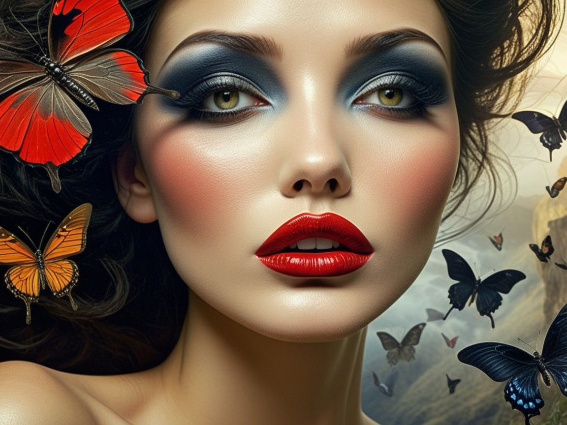 Portrait of a woman with bold makeup and butterflies