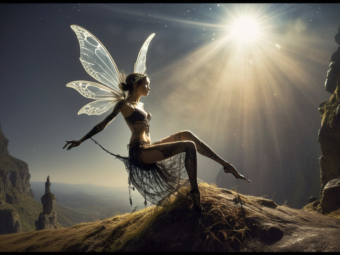 Mystical Fairy on Rocky Outcrop with Butterfly Wings