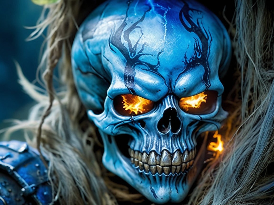 Blue Skull with Glowing Eyes and Twisted Strands