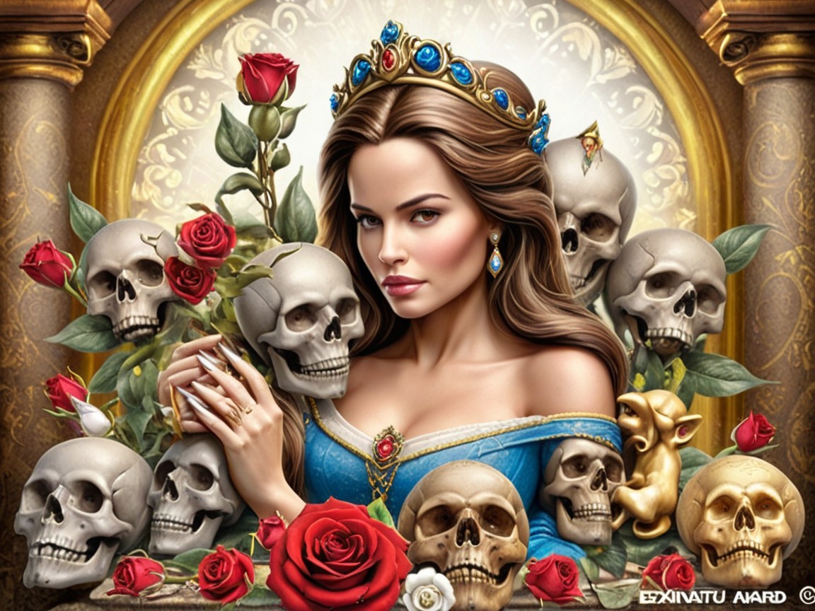 Regal Woman in Blue Gown with Roses and Skulls