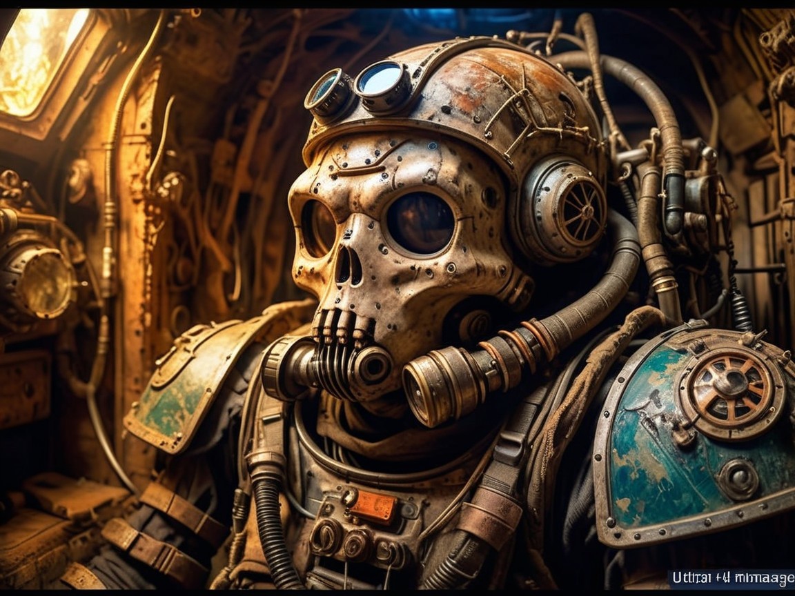 Steampunk Robotic Character with Skull Face and Gears