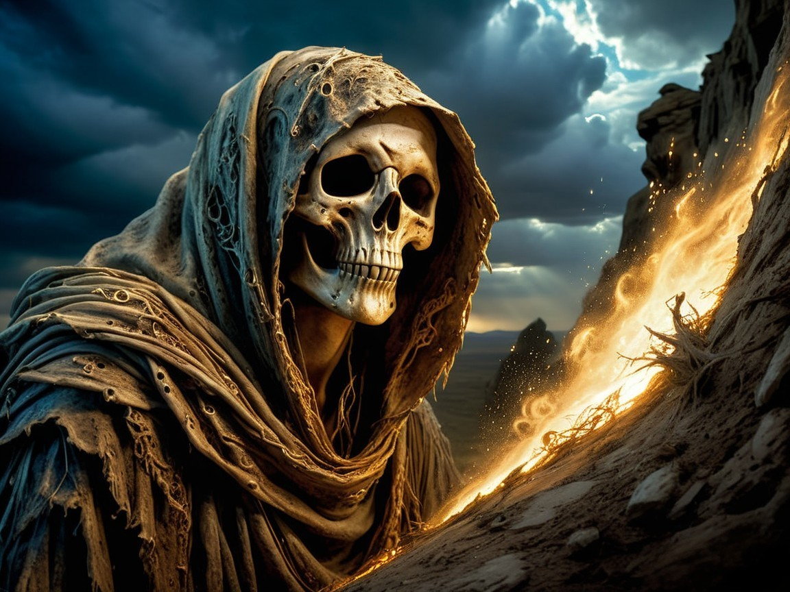 Cloaked Figure with Skeletal Face in Dramatic Landscape
