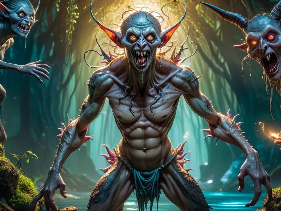 Menacing Creature in Dark Enchanted Forest Scene