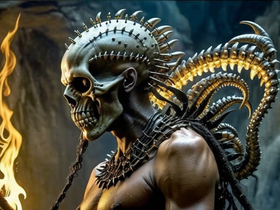 Muscular Figure with Skull Head and Spine Protrusions