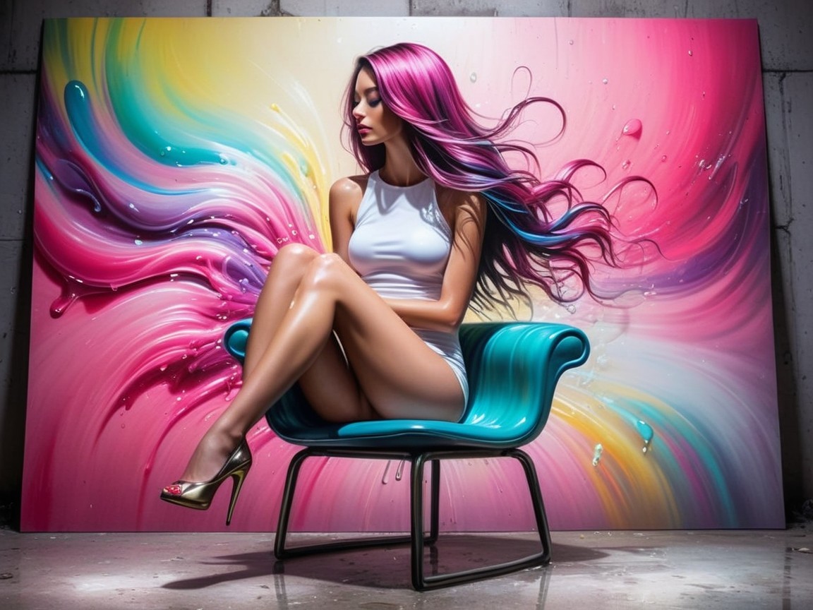Stylish Woman with Colorful Hair and Abstract Art