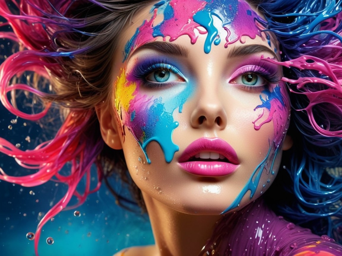 Portrait of a Woman with Colorful Hair in Water