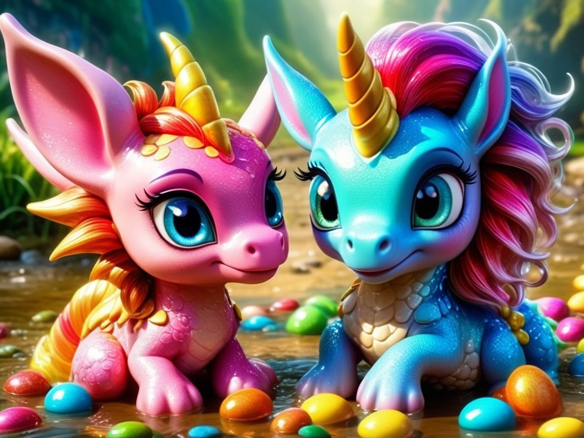 Colorful Cartoon Unicorns by a Sparkling Stream