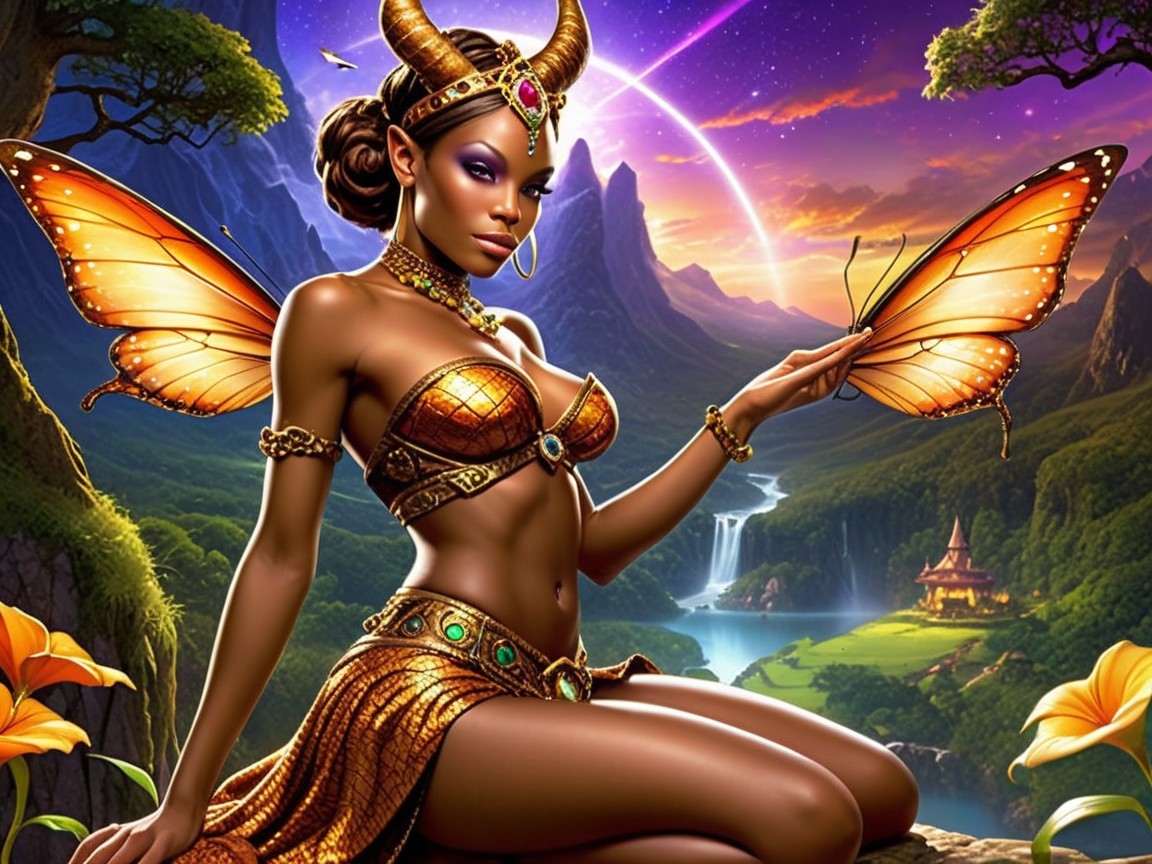 Golden-clad figure in a vibrant fantastical landscape