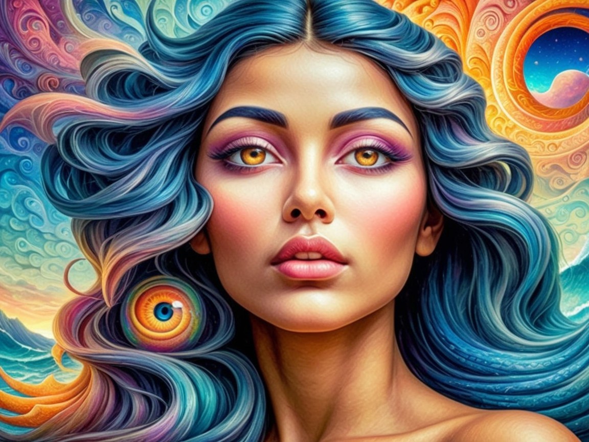 Portrait of a Woman with Blue Hair and Golden Eyes
