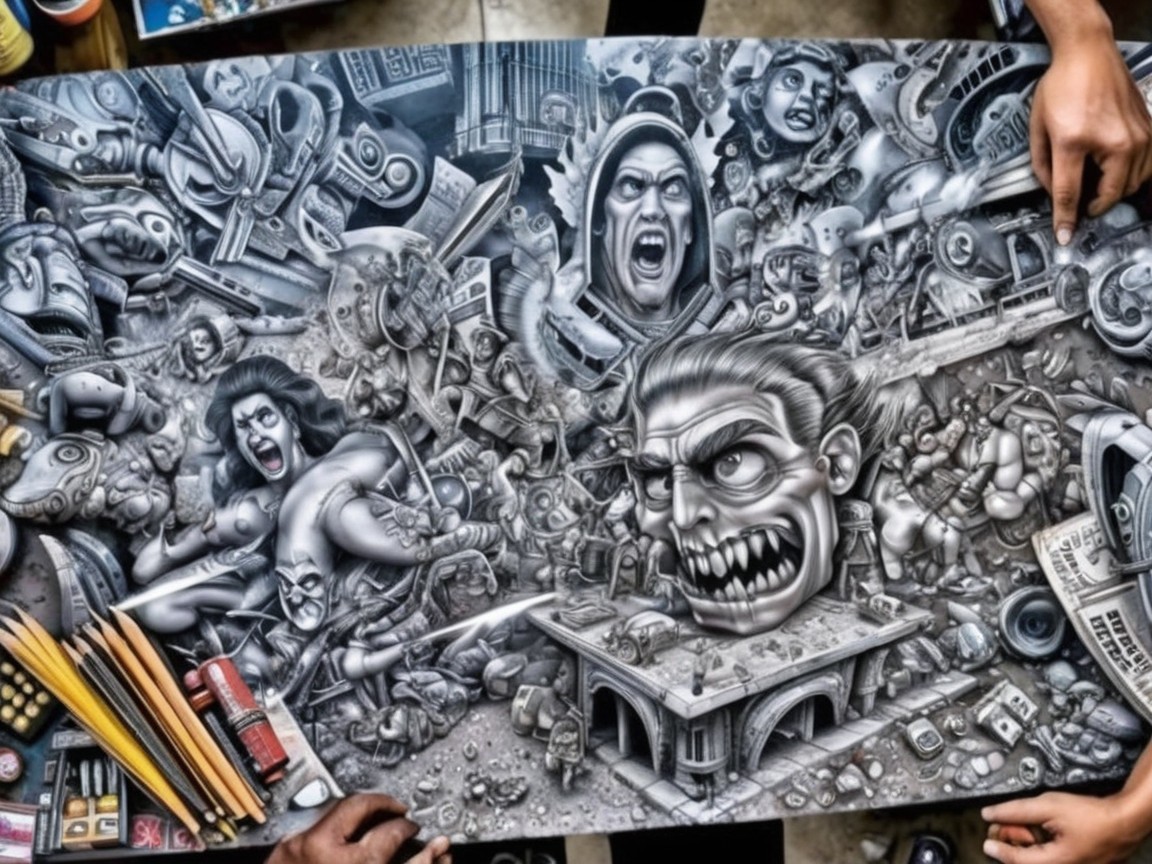 Monochromatic Mural with Surreal and Comic Elements