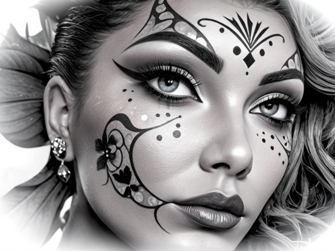 Black and white portrait of a woman with face paint