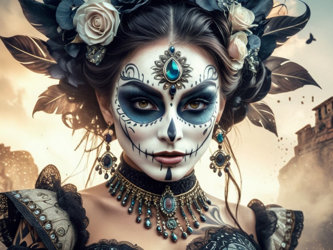 Portrait of a Woman with Sugar Skull Makeup and Roses