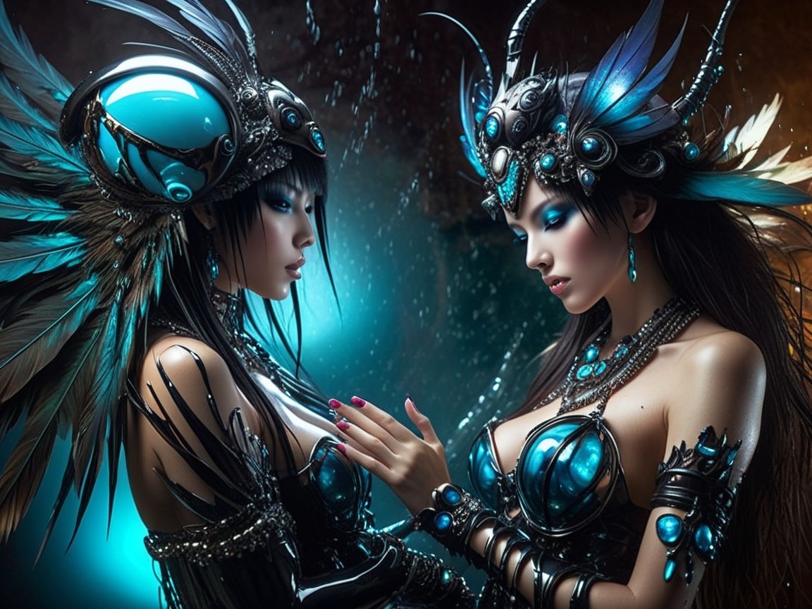 Ethereal Figures in Intricate Costumes with Blue Glow
